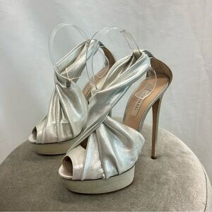 Casadei metallic silver fabric crossover platform stiletto high heels authentic